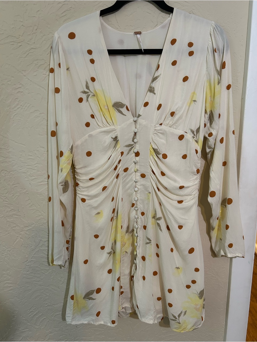Free People Date Night Cream Floral Dot Long-Sleeve Mini Dress - Picture 4 of 9